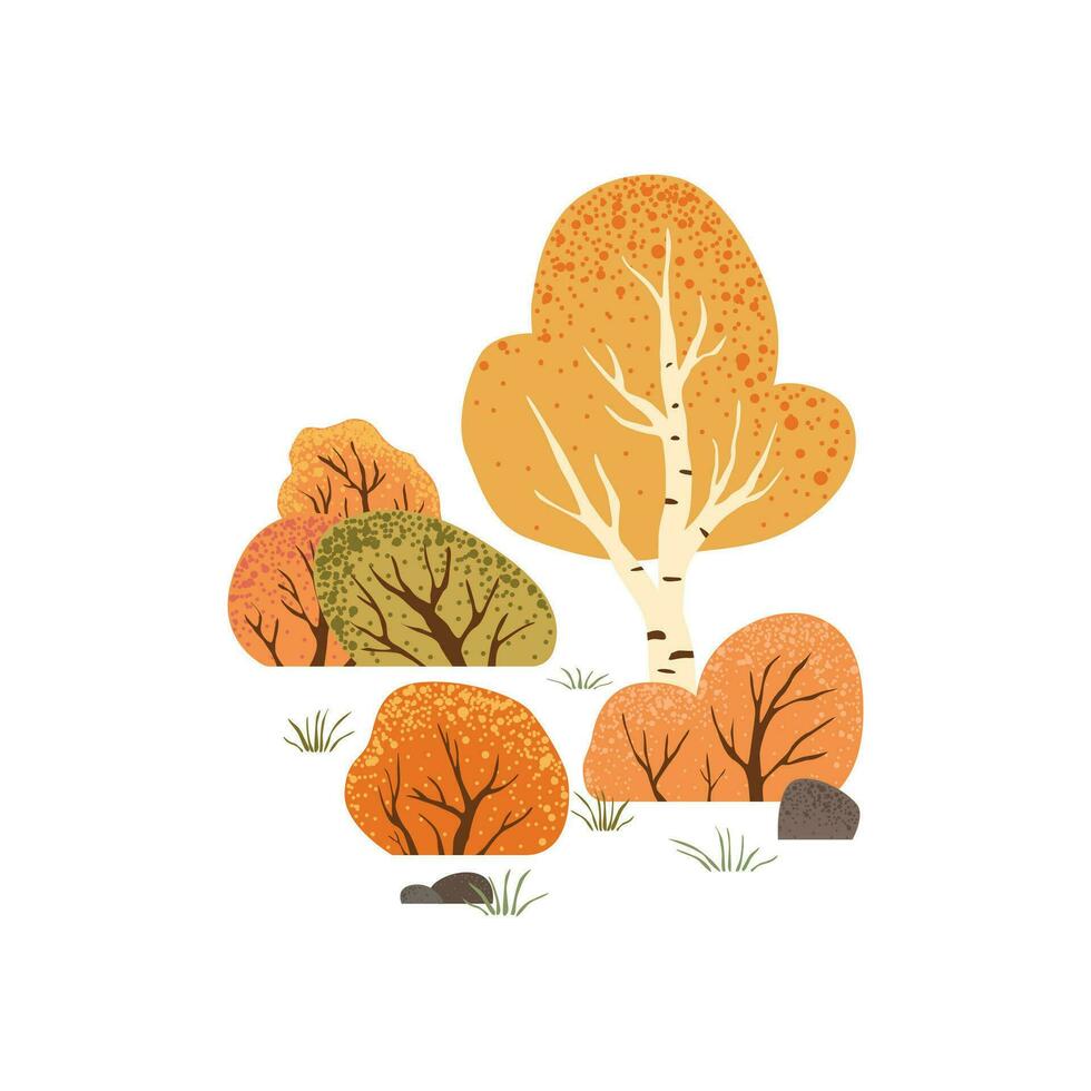 tafereel met herfst bomen en struiken. platteland landschap. geïsoleerd Aan wit achtergrond. herfst natuur. voorraad vector illustratie