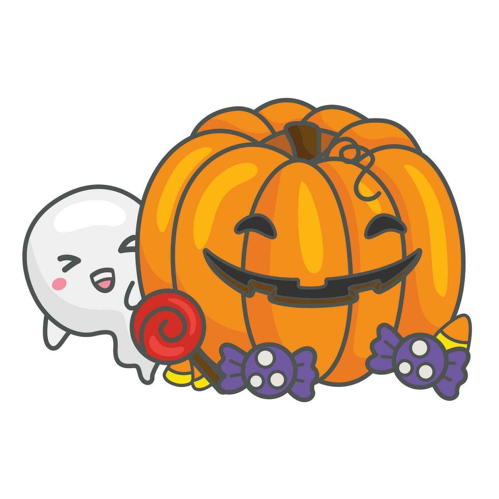 schattig geest halloween en jack O lantaarn decoratie partij tekenfilm illustratie vector clip art sticker