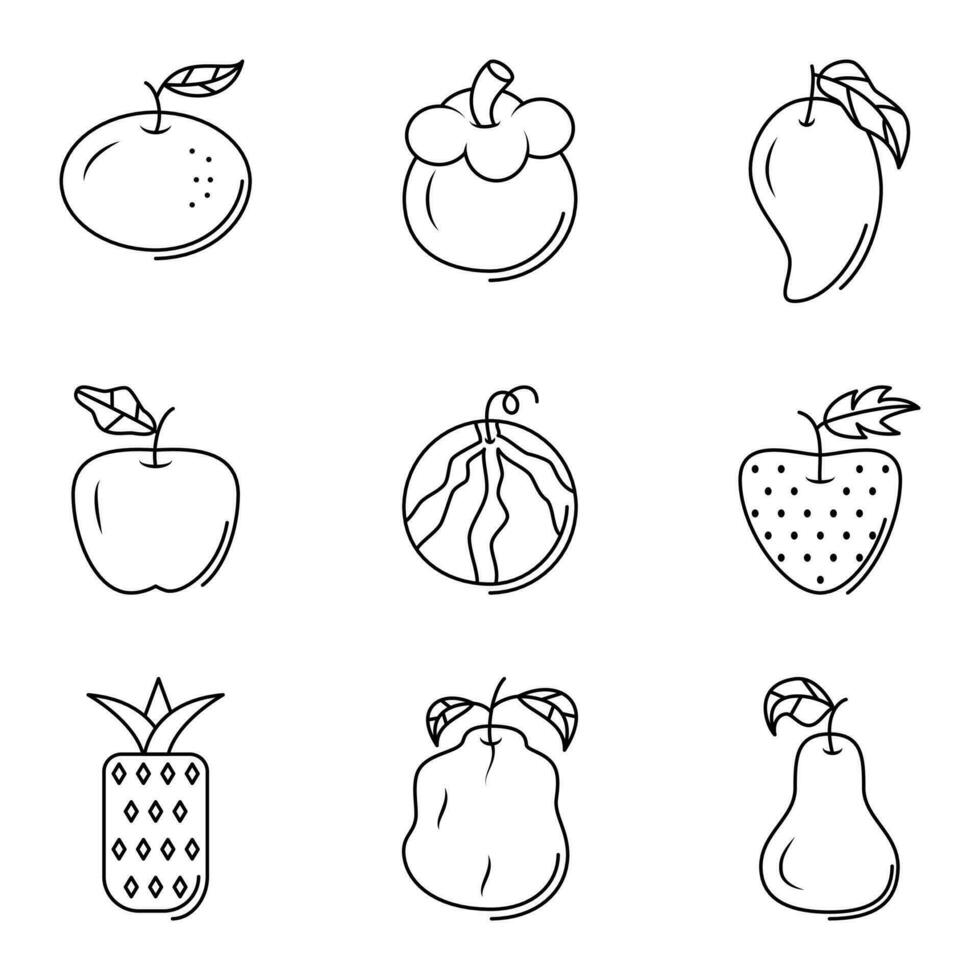 verzameling van fruit lijn icoon. oranje, mangosteen, mango, appels, watermeloen, aardbei, ananas, guave, Peer. minimaal, dun, gemakkelijk. gebruikt voor icoon, embleem, logo, symbool, teken, afdrukken vector