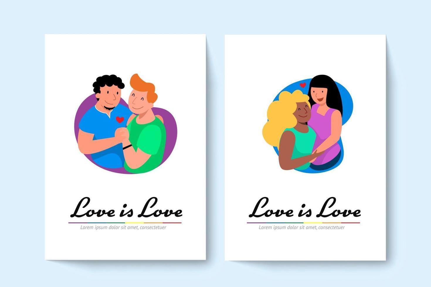 twee lgbt-homokoppels en lesbisch koppel knuffelen elkaar. vectorillustratie in vlakke stijl. vector