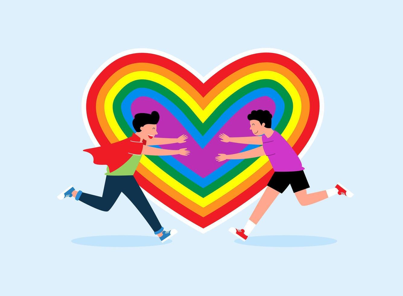 verliefde paar rennen naar elkaar homo op de achtergrond van het lgbt-hart, platte vectorillustratiesticker vector