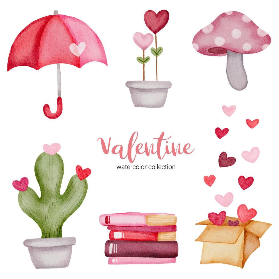 Valentijnsdag set elementen paraplu, paddestoel, hart, cactus en meer. sjabloon voor sticker kit, groet, gefeliciteerd, uitnodigingen, planners. vector illustratie