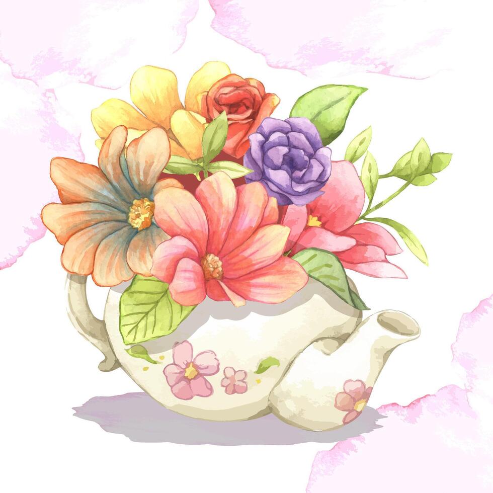 bloemen in een theepot. roze, rode, paarse bloemen kunst design elementen object geïsoleerde voorraad vectorillustratie voor web ook om af te drukken vector