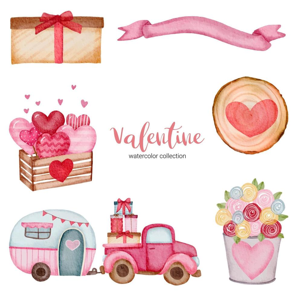 Valentijnsdag set elementen speelgoedauto, bloemen, geschenken en meer. sjabloon voor sticker kit, groet, gefeliciteerd, uitnodigingen, planners. vector illustratie