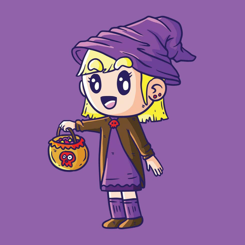 schattig meisje vector illustratie in halloween witcher kostuum naar Gaan truc of behandelen. gelukkig halloween.