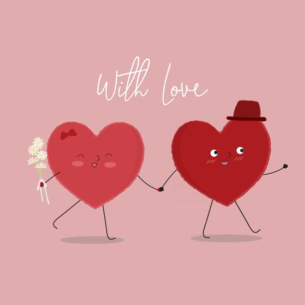 vectorillustratie van twee gelukkige harten die met elkaar lopen. met liefdesbelettering. wenskaart concept voor Valentijnsdag. deel je liefde vector