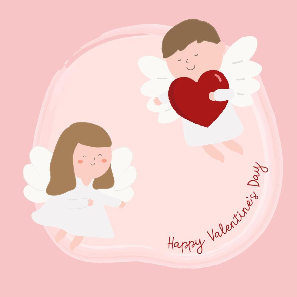 vectorillustratie geïsoleerd twee witte engel. vliegen en een hart vasthouden. verliefd stel. vleugels van liefde. belettering. wenskaart concept voor Valentijnsdag. deel je liefde vector