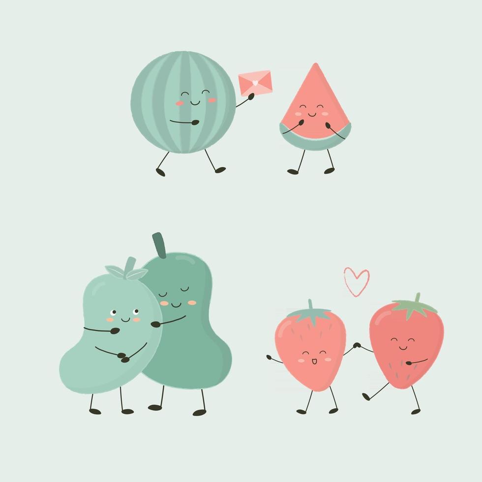 gelukkige groenten en fruit die verliefd op elkaar worden vector set