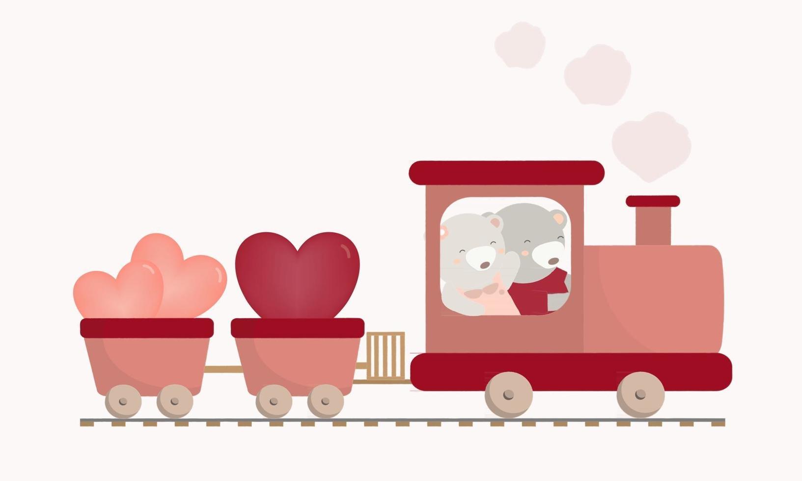 twee beer verliefd op trein wenskaart. schattig dier in de trein. dierlijke karakter reizen cartoon afbeelding. vector