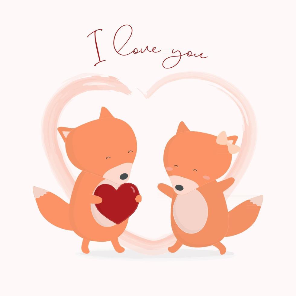vos liefde vectorillustratie. tekenfilm. plat schattig gelukkig vospaar dat bij elkaar staat met een hart op de achtergrond. Valentijnsdag viering kaart geïsoleerd. vector
