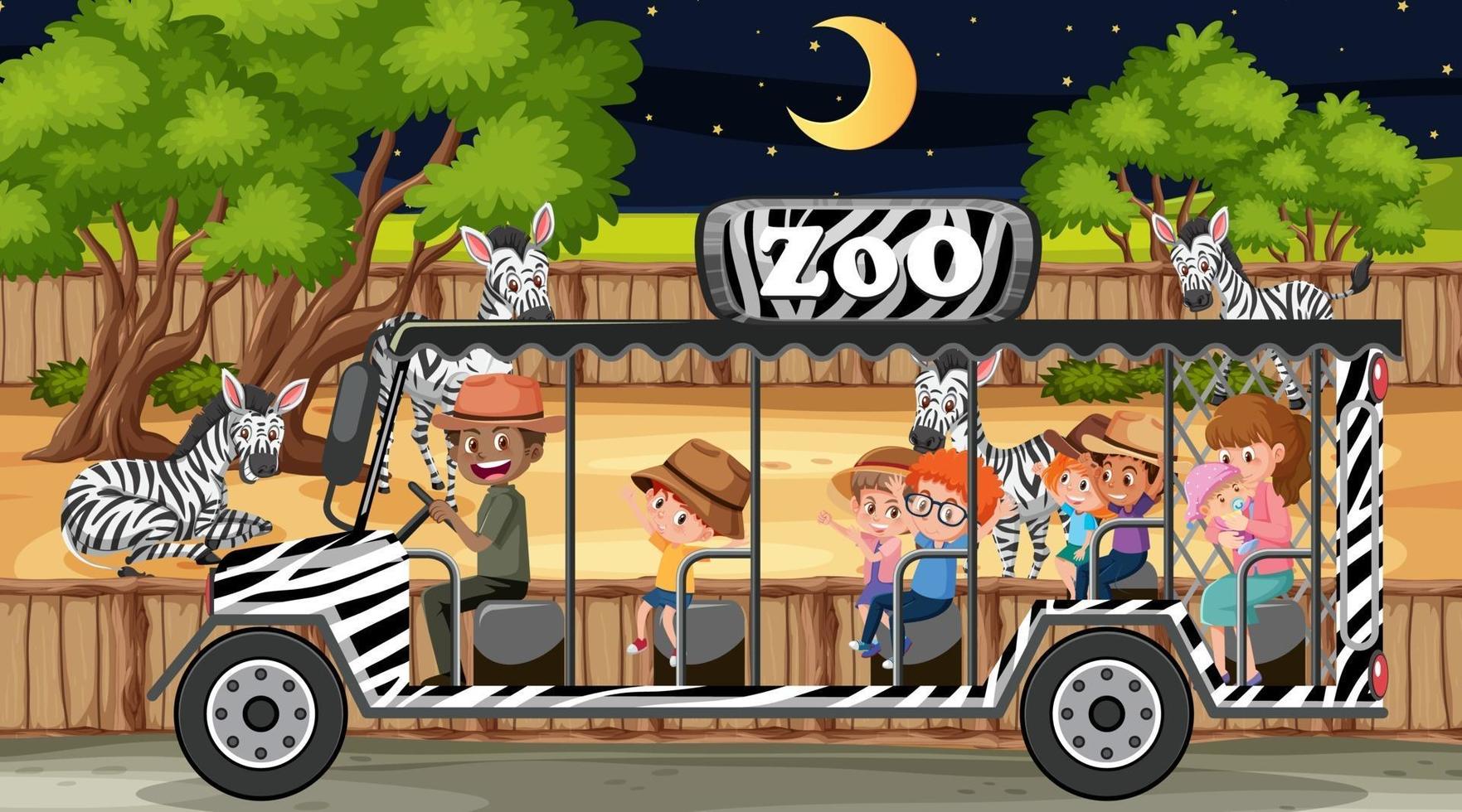 safari bij nachtscène met veel kinderen die naar zebragroep kijken vector