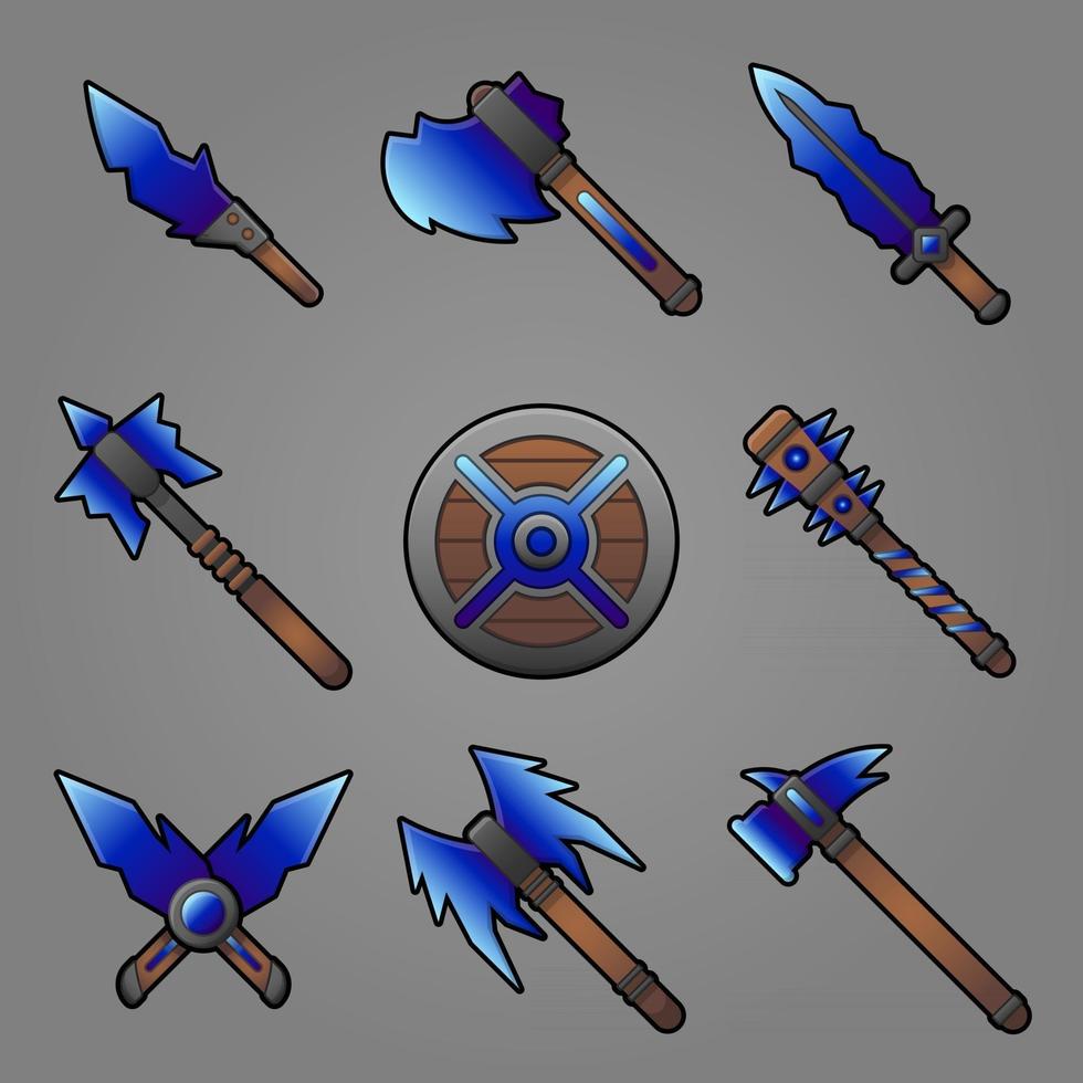 cartoon wapen pictogrammen instellen met kleurrijke zwaard, mes, zwaard, schild gemaakt voor game-design geïsoleerde vectorillustratie vector