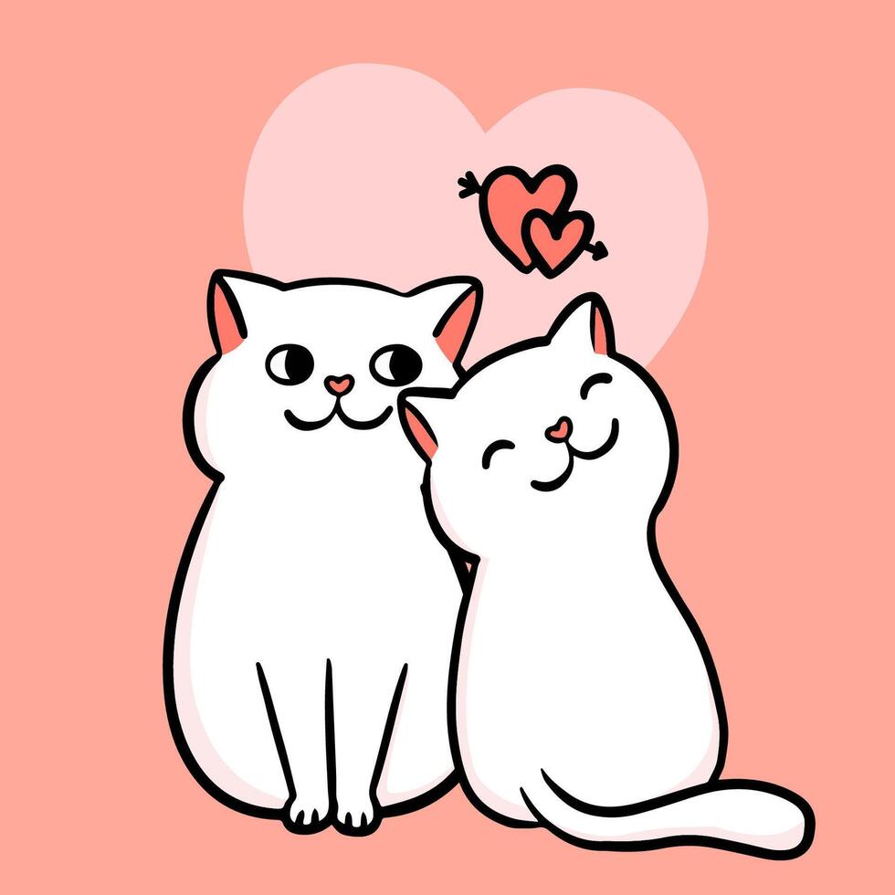 valentijnskaart. krabbel twee kattenpaar op een achtergrond van de hartvorm. romantische vector. viering poster. wees de mijne. vector