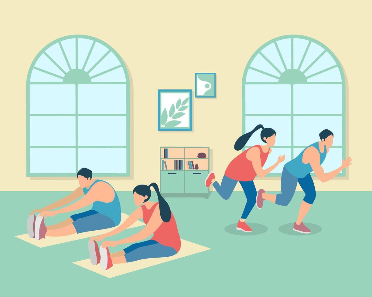 gezonde jonge groep mensen die yoga beoefenen. vectorillustratie. training, oefening, fitness, indoor, meditatie, lifestyle, thuisblijven concept vector