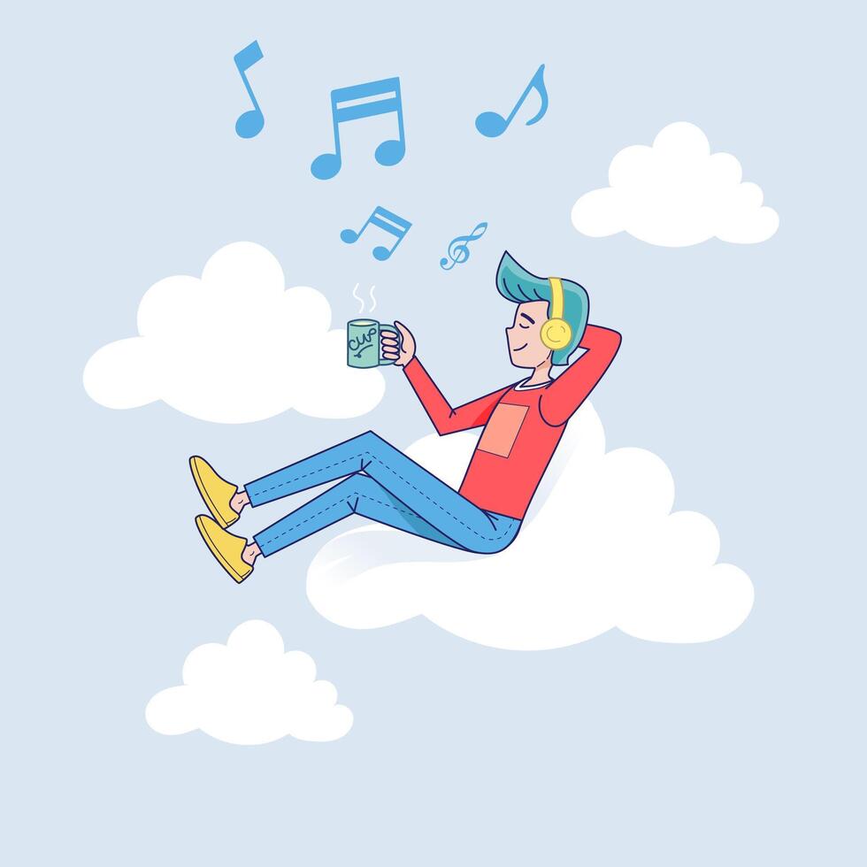 grote geïsoleerde man luisteren naar muziek op koptelefoon aangesloten op cloud server met koffie. vector illustratie stripfiguur met lichte achtergrond