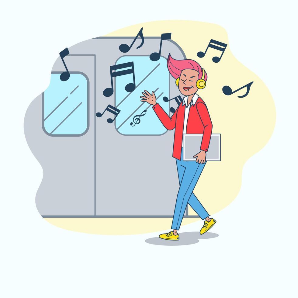 grote geïsoleerde jonge man wandelen en muziek luisteren in de koptelefoon. muziekliefhebber genieten van zijn favoriete track illustratie vector met lichte achtergrond.