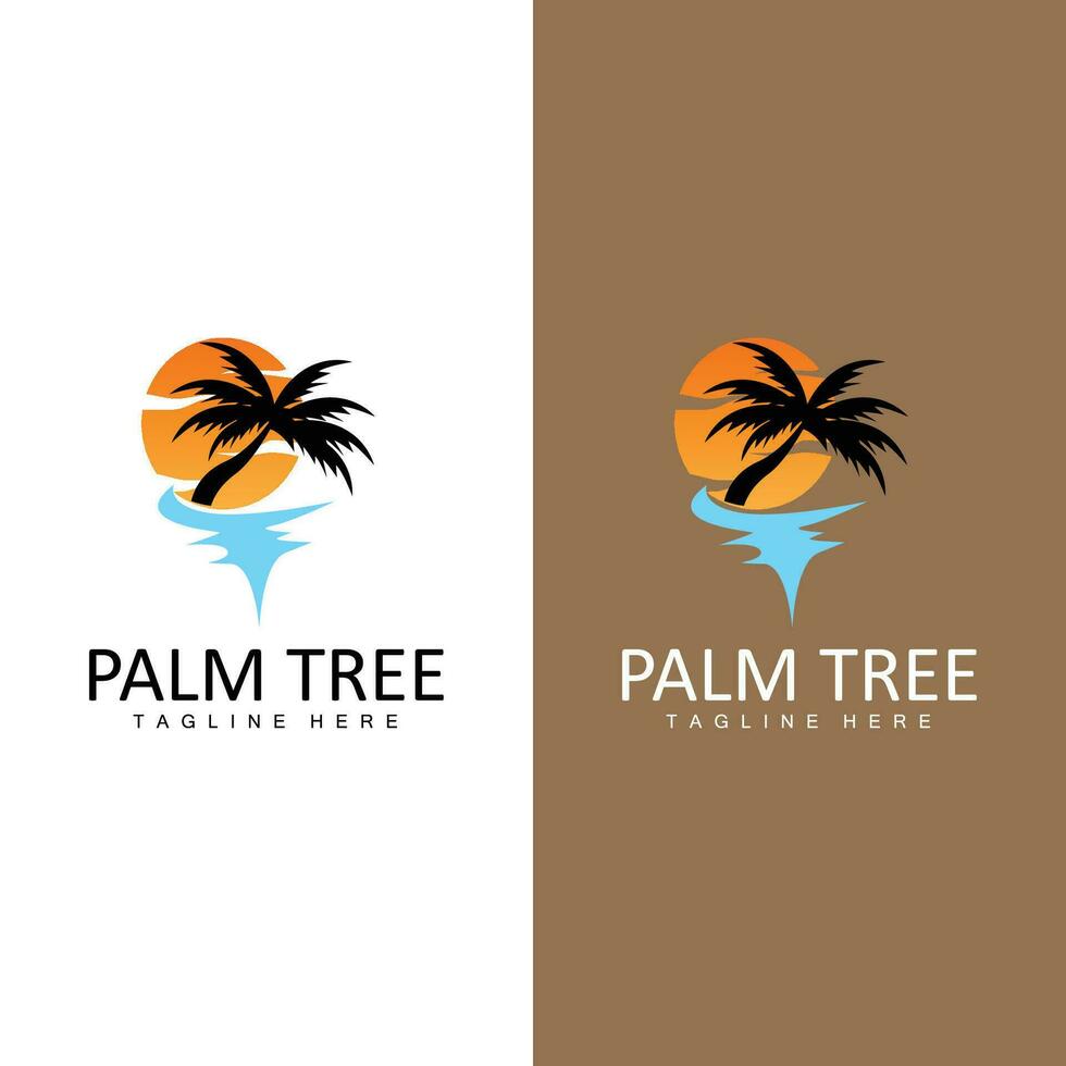 kokosnoot boom logo, palm boom zonsondergang strand vector, elegant minimalistische gemakkelijk ontwerp, symbool sjabloon icoon vector