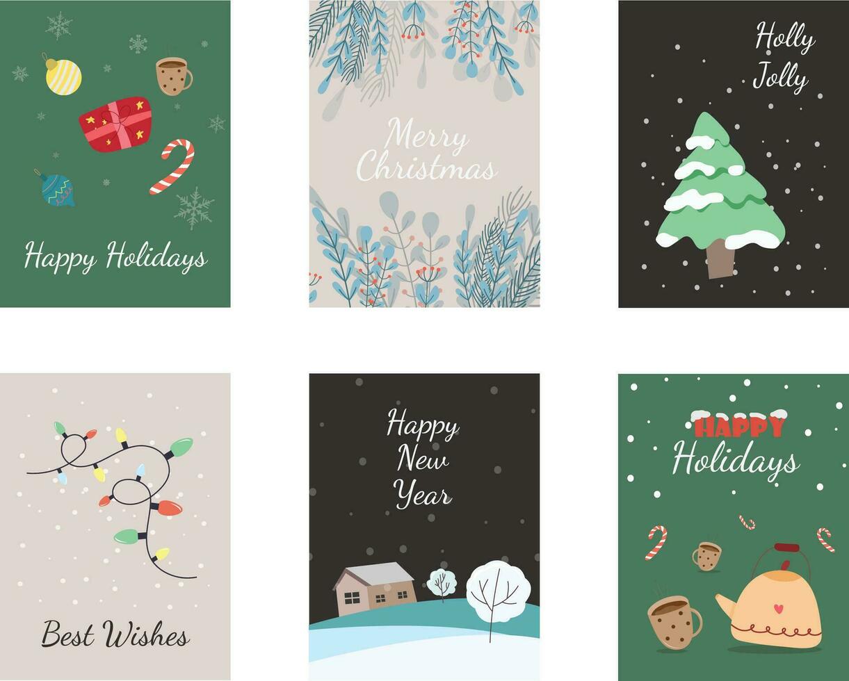 gelukkig vakantie kaart reeks met Kerstmis elementen bomen, geschenk doos, thee, licht, bessen. schattig en elegant vector illustratie Sjablonen in gemakkelijk stijl