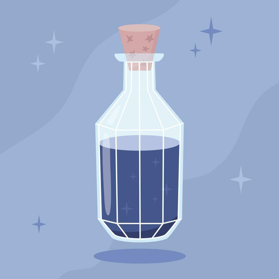 blauw magie toverdrank in een glas fles illustratie in vlak tekenfilm stijl. hekserij halloween welke attributen. vector illustratie