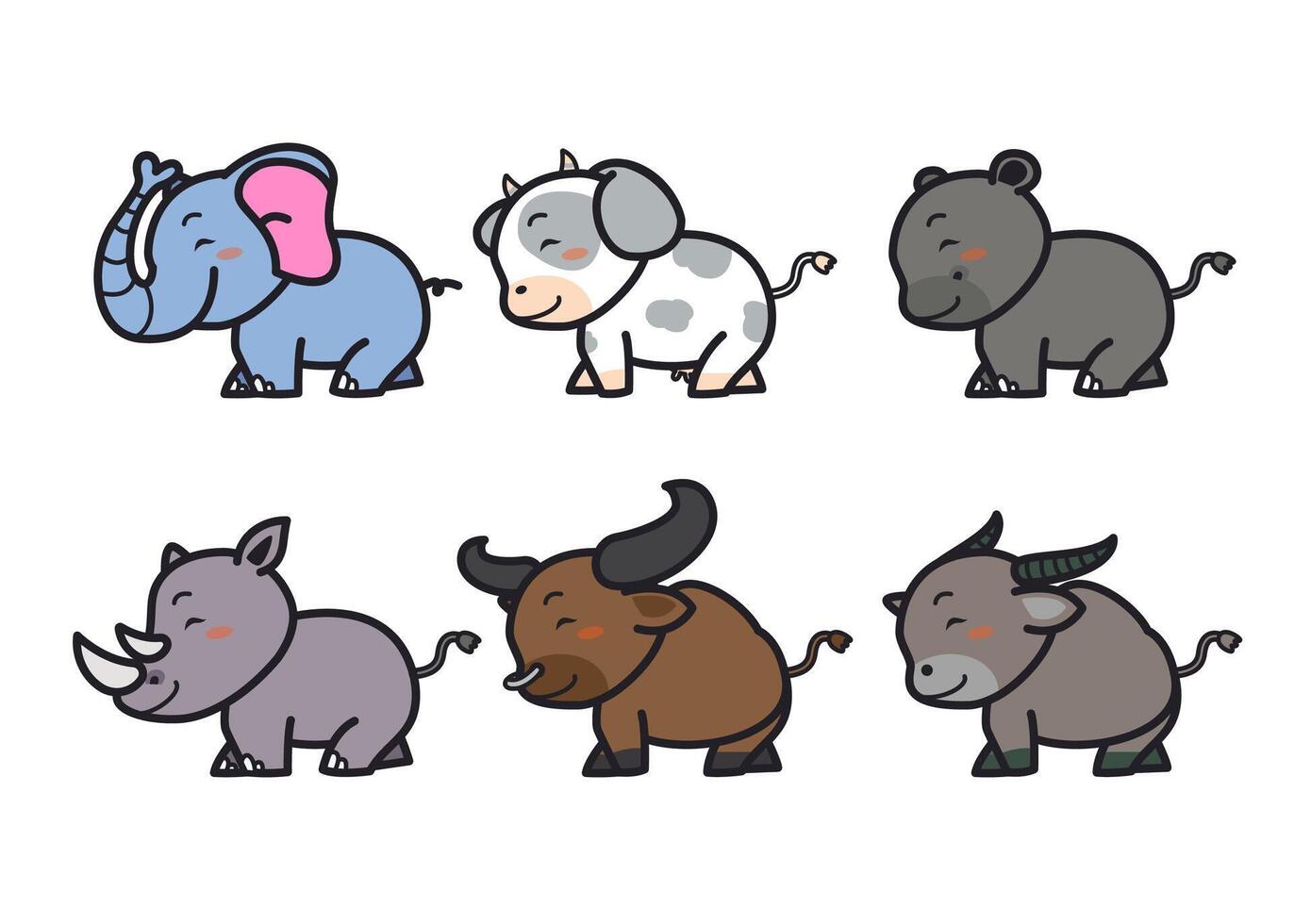 soortgelijke vlakke stijl vector set schattige olifant, koe, neushoorn en meer op een witte achtergrond. schattig bosdier op een witte achtergrond