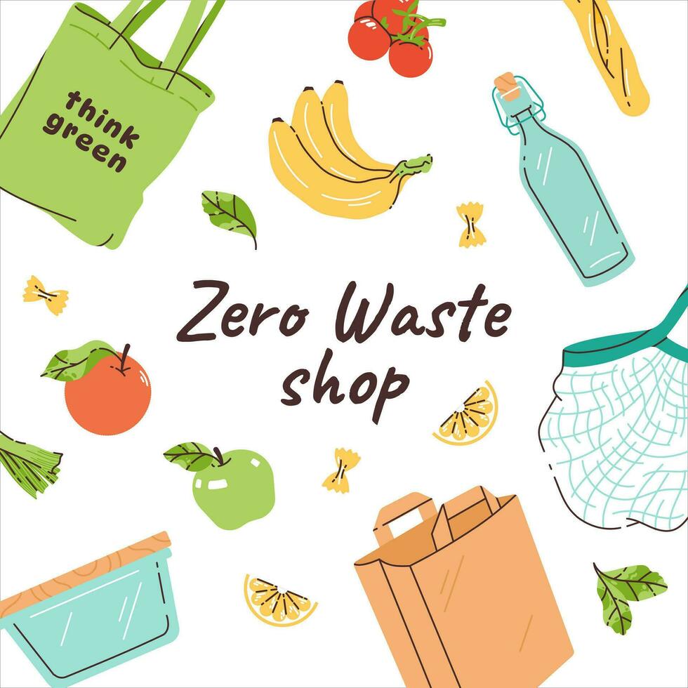 sociaal post concept voor nul verspilling winkel. Zero waste winkelen. duurzaamheid Bij huis. vector