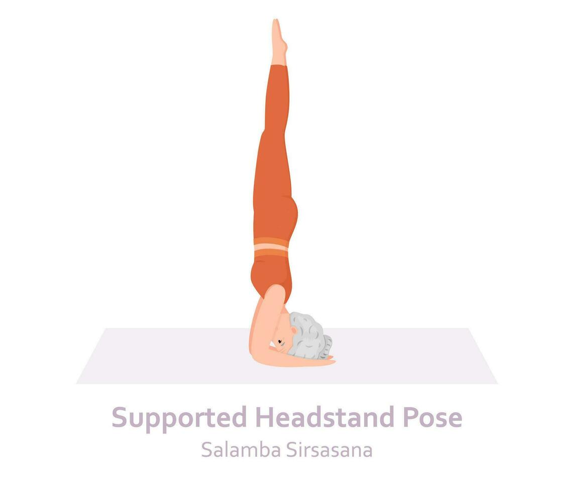 ondersteund hoofdstand yoga houding. salamba sirsasana. ouderen vrouw beoefenen yoga asana. gezond levensstijl. vlak tekenfilm karakter. vector illustratie