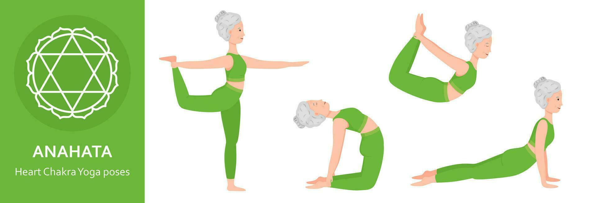 hart chakra yoga poseert. ouderen vrouw beoefenen anahata chakra yoga asana. gezond levensstijl. vlak tekenfilm karakter. vector illustratie