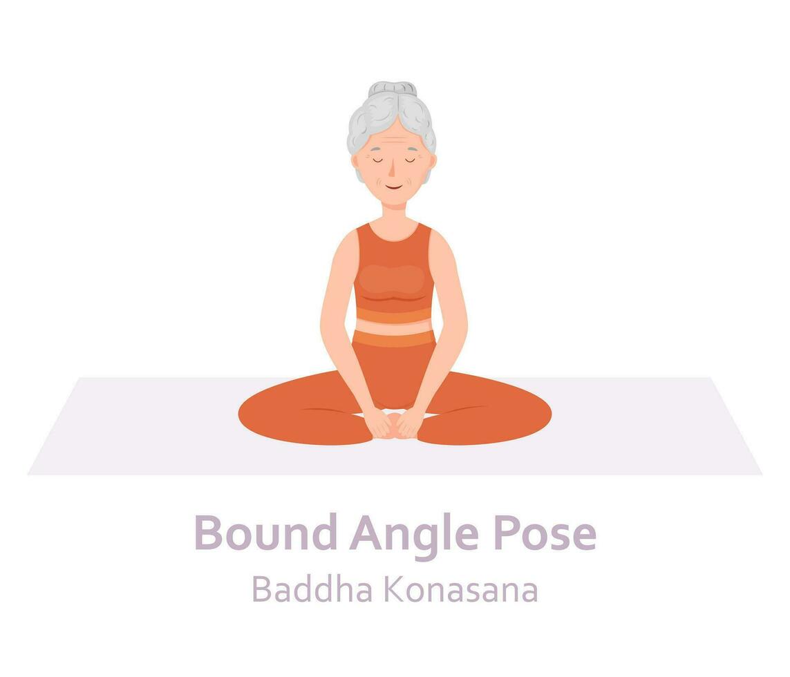 gebonden hoek yoga houding. baddha konasana. ouderen vrouw beoefenen yoga asana. gezond levensstijl. vlak tekenfilm karakter. vector illustratie