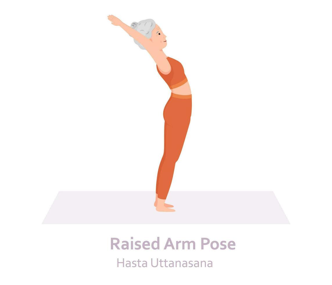 verheven arm yoga houding. hasta uttanasana. ouderen vrouw beoefenen yoga asana. gezond levensstijl. vlak tekenfilm karakter. vector illustratie