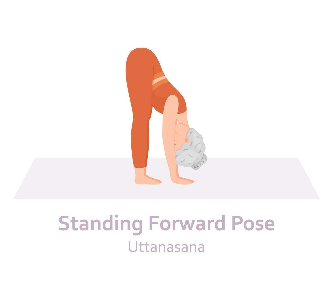 staand vooruit yoga houding. uttanasana. ouderen vrouw beoefenen yoga asana. gezond levensstijl. vlak tekenfilm karakter. vector illustratie