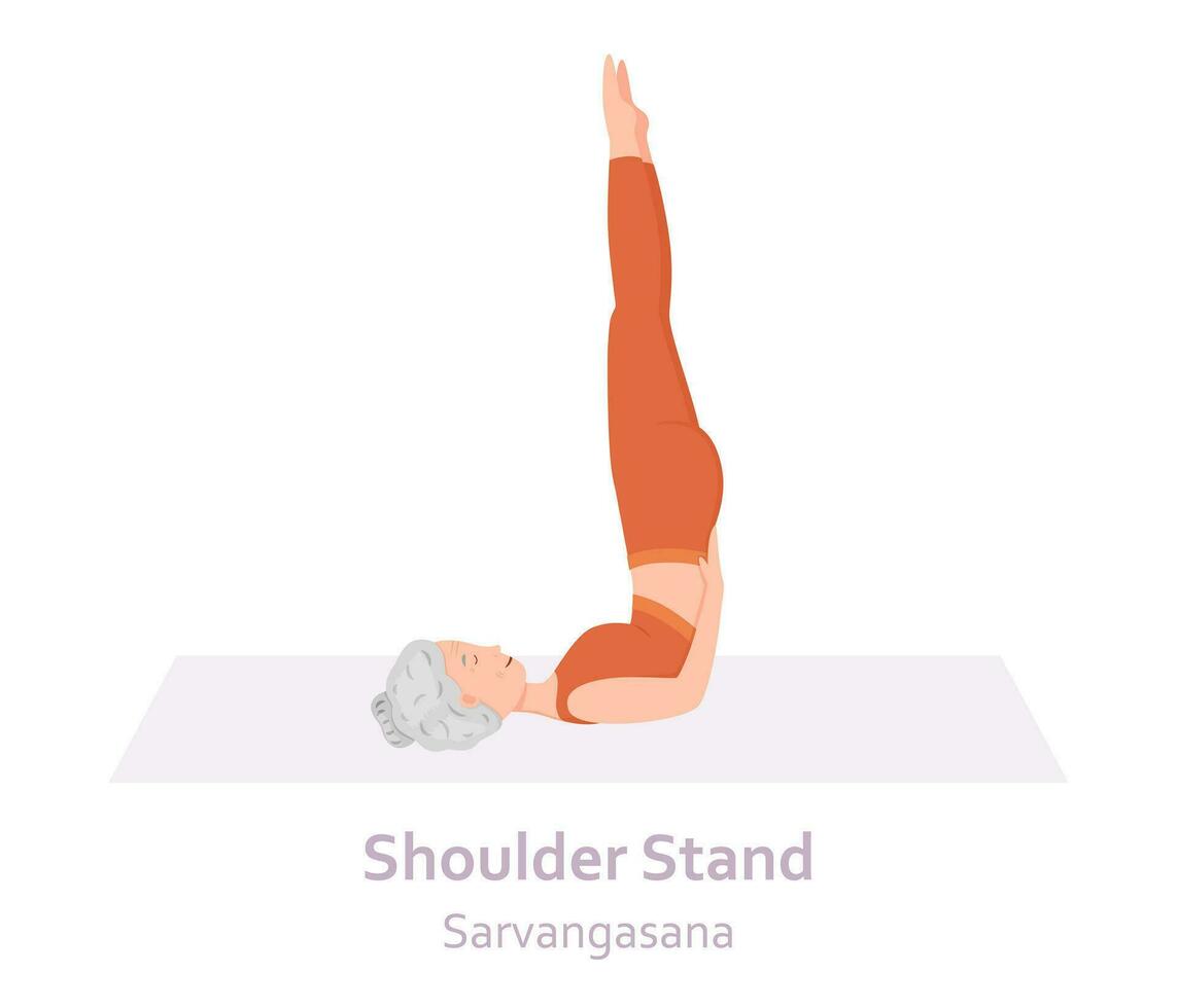 schouder staan yoga houding. sarvangasana. ouderen vrouw beoefenen yoga asana. gezond levensstijl. vlak tekenfilm karakter. vector illustratie