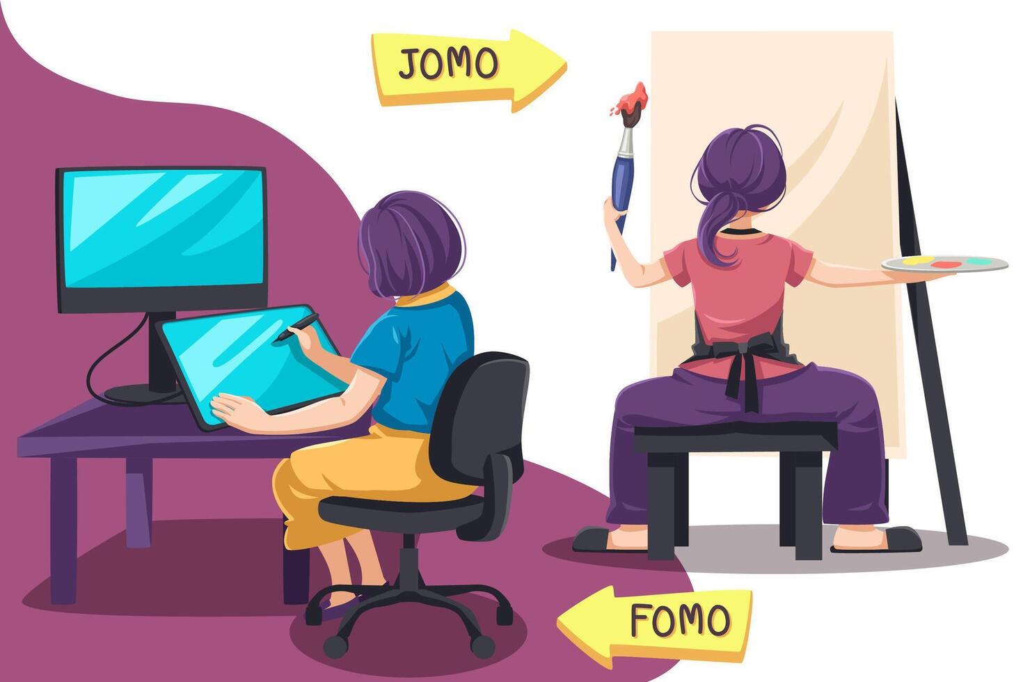 fomo en jomo-concept. angst om iets te missen, vreugde om iets te missen vector