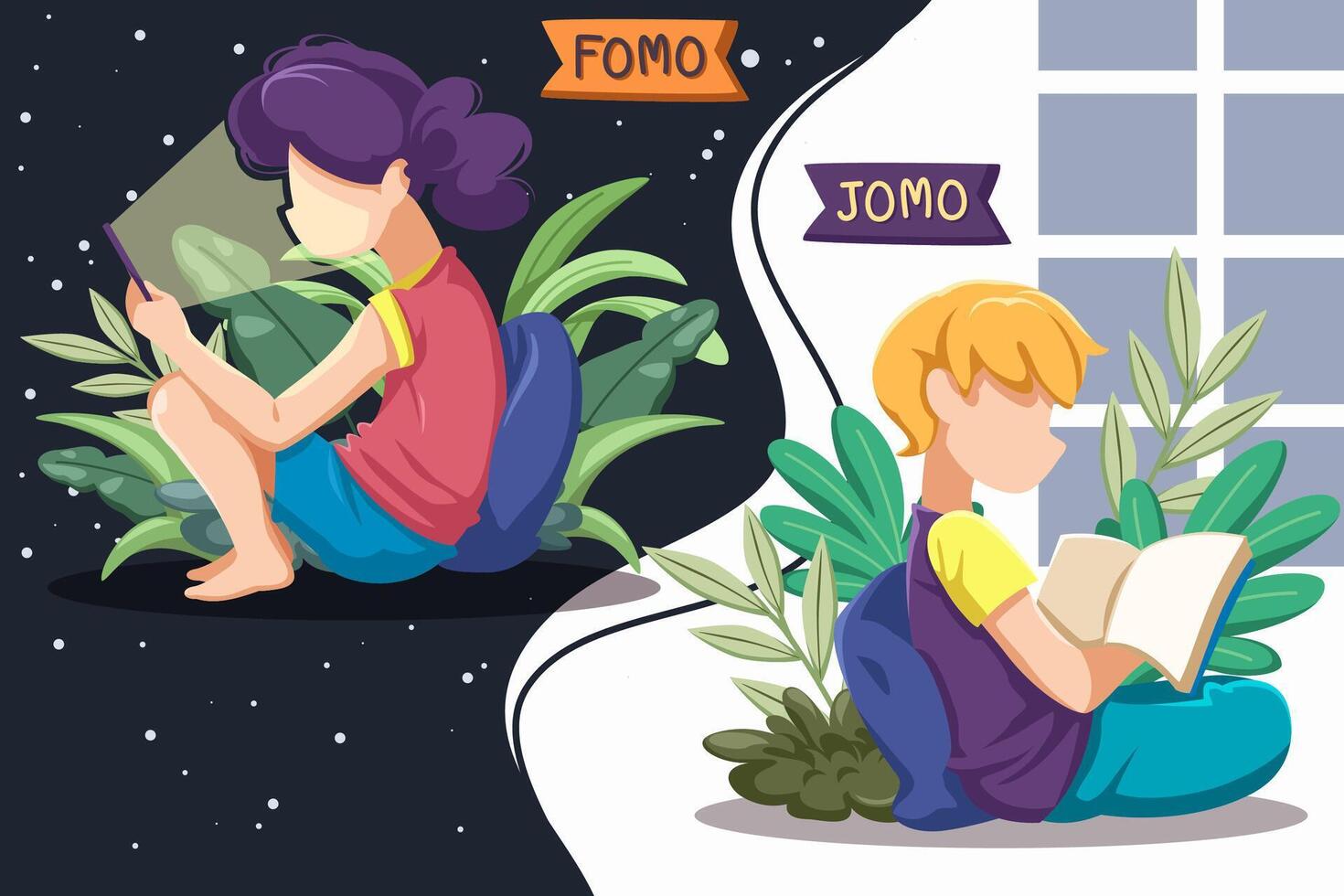 fomo en jomo-concept. angst om iets te missen, vreugde om iets te missen vector