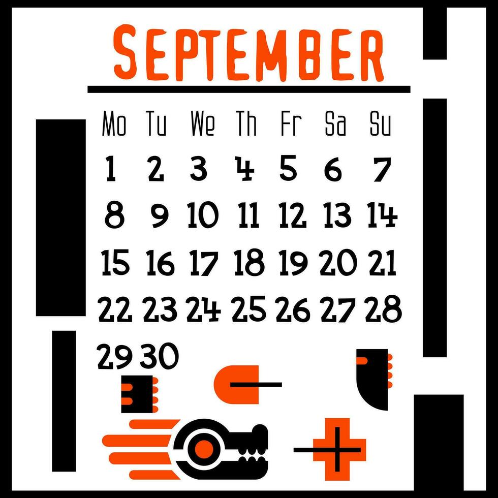 kalender bladzijde voor september 2024 met een schattig meetkundig draak. geïsoleerd Aan een wit achtergrond. de symbool van de jaar van de draak. een draak met herfst bladeren. vector illustratie. zwart oranje