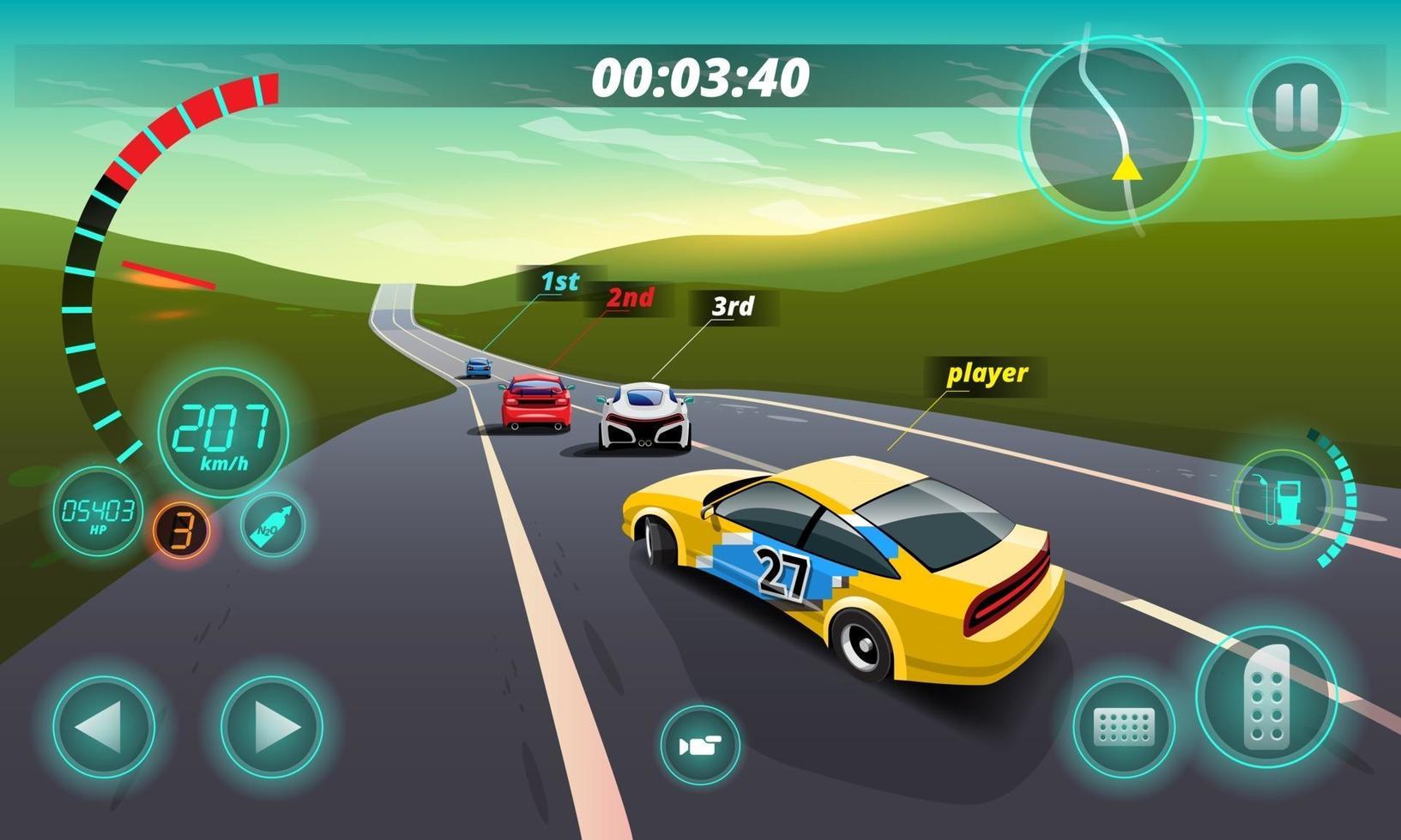 in de gamecompetitie gaat de speler verder met het gebruik van een hogesnelheidsauto om te winnen in het racespel. competitie e-sport autoracen. vector