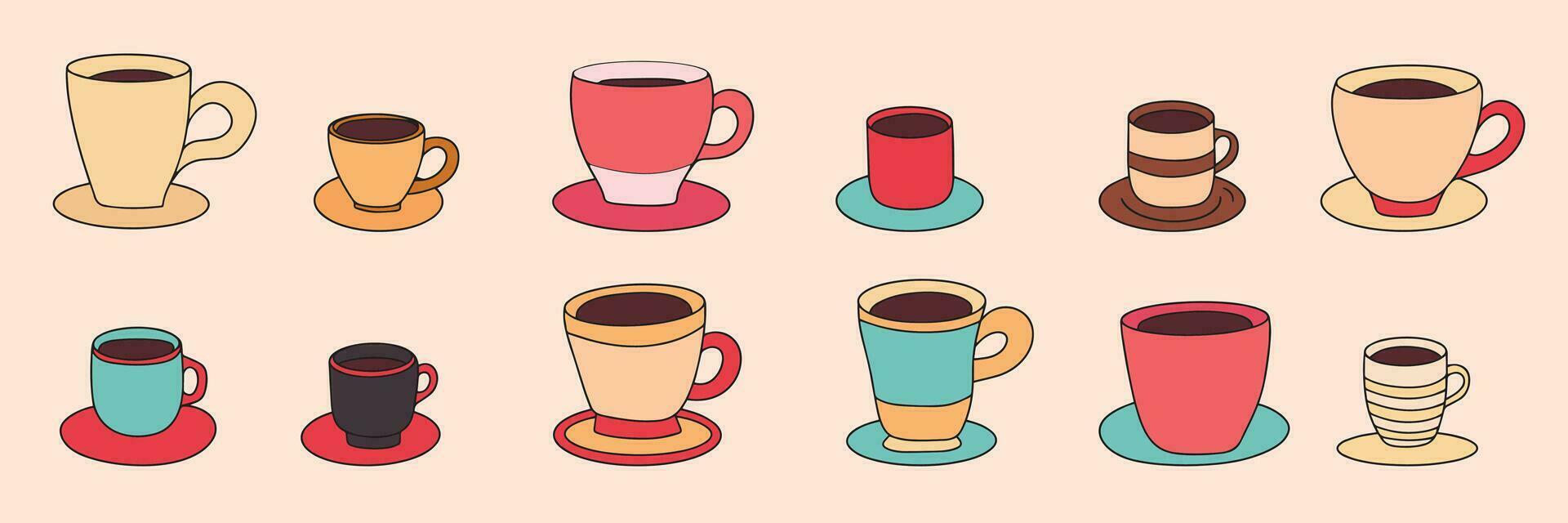 groot verzameling cups met schoteltjes gekleurde schets. hand- getrokken kop en schotel in tekening stijl geïsoleerd Aan wit achtergrond. vector illustratie.