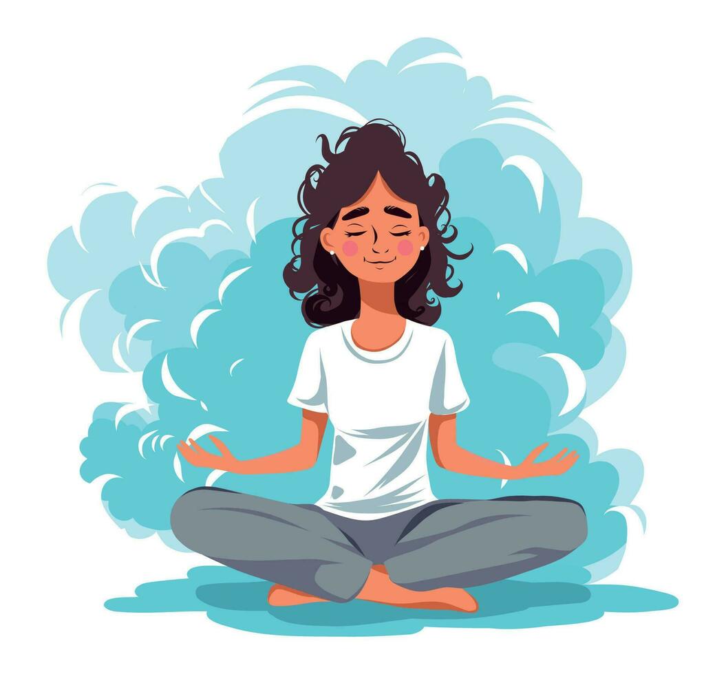 vector illustratie vlak illustratie geestelijk bewustzijn schattig meisje glimlach Aan haar gezicht is verloofd in yoga mediteert Aan een wolk in de lucht