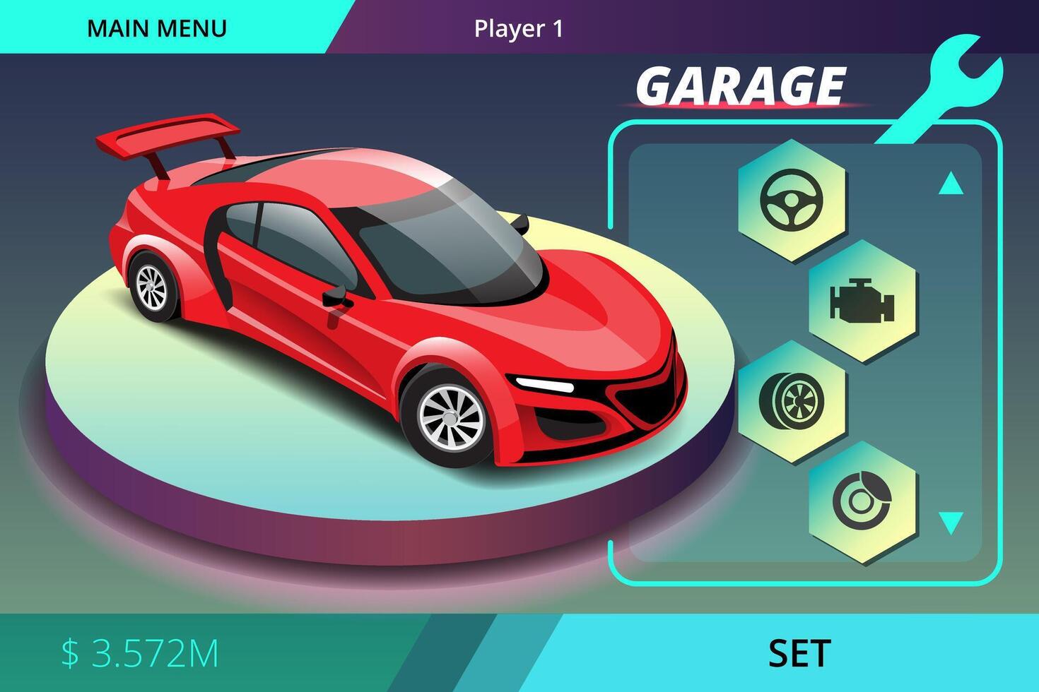 autoracespel in weergavemenu juni voor upgrade-prestatieauto van gamespeler. vector