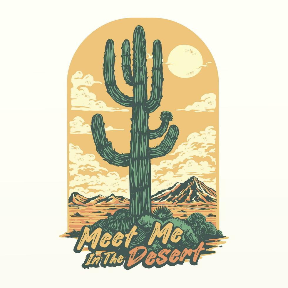 een grafisch van een wild west woestijn landschap met een cactus en bergen in de achtergrond vector