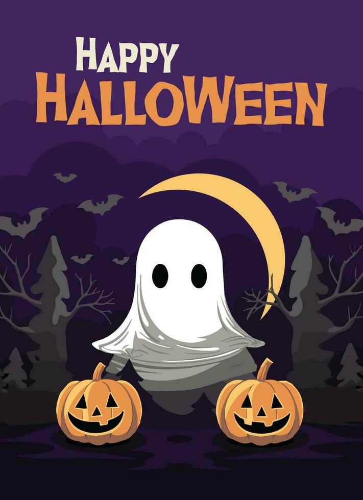 gelukkig halloween poster partij uitnodiging achtergrond met geest in begraafplaats tegen vol maan in vector illustratie. vlak ontwerp stijl, oranje en paars kleur.