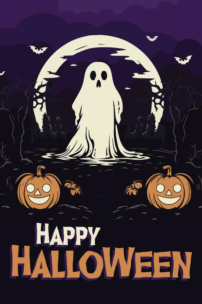 gelukkig halloween poster partij uitnodiging achtergrond met geest en pompoenen in vector illustratie. vlak ontwerp stijl, oranje en paars kleur.