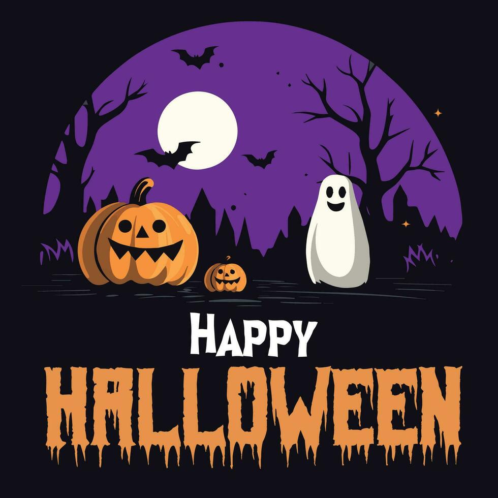 gelukkig halloween poster partij uitnodiging achtergrond met geest in begraafplaats tegen vol maan in vector illustratie. vlak ontwerp stijl, oranje en paars kleur.