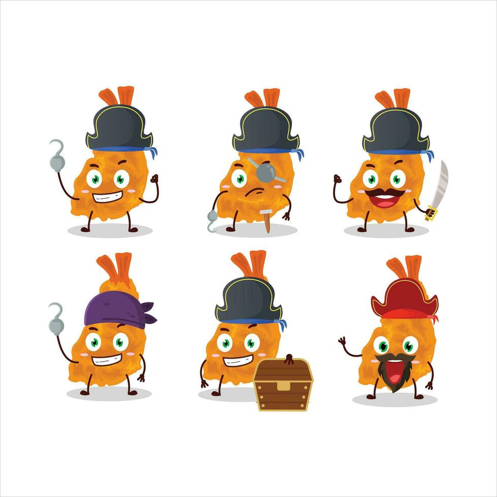 tekenfilm karakter van gebakken garnaal met divers piraten emoticons vector