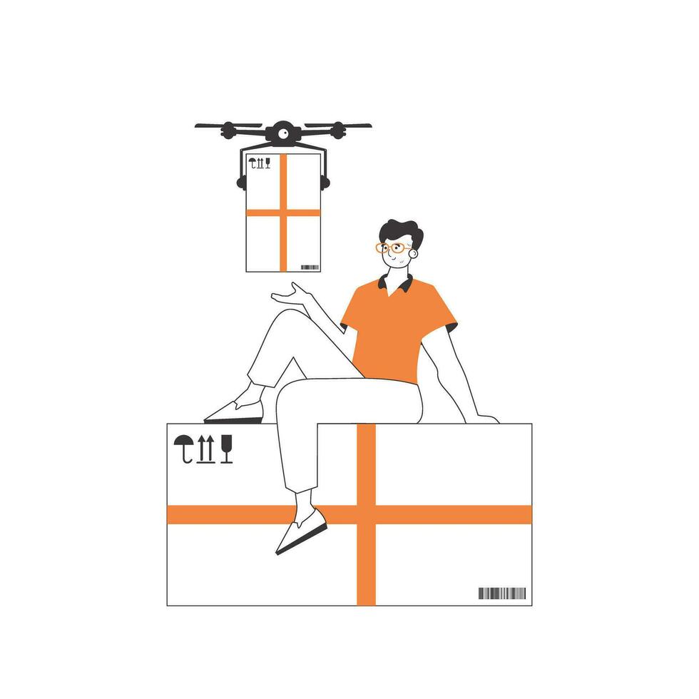 een Mens levert een pakket door drone. lucht levering concept. lineair modern stijl. geïsoleerd Aan wit achtergrond. vector illustratie.