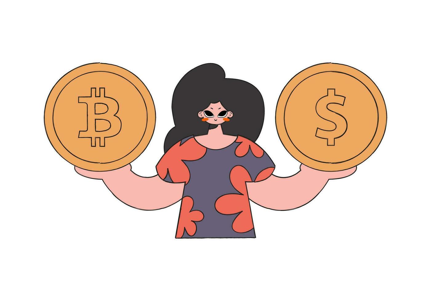 vrouw Holding bitcoin en dollar. karakter modieus retro stijl. vector