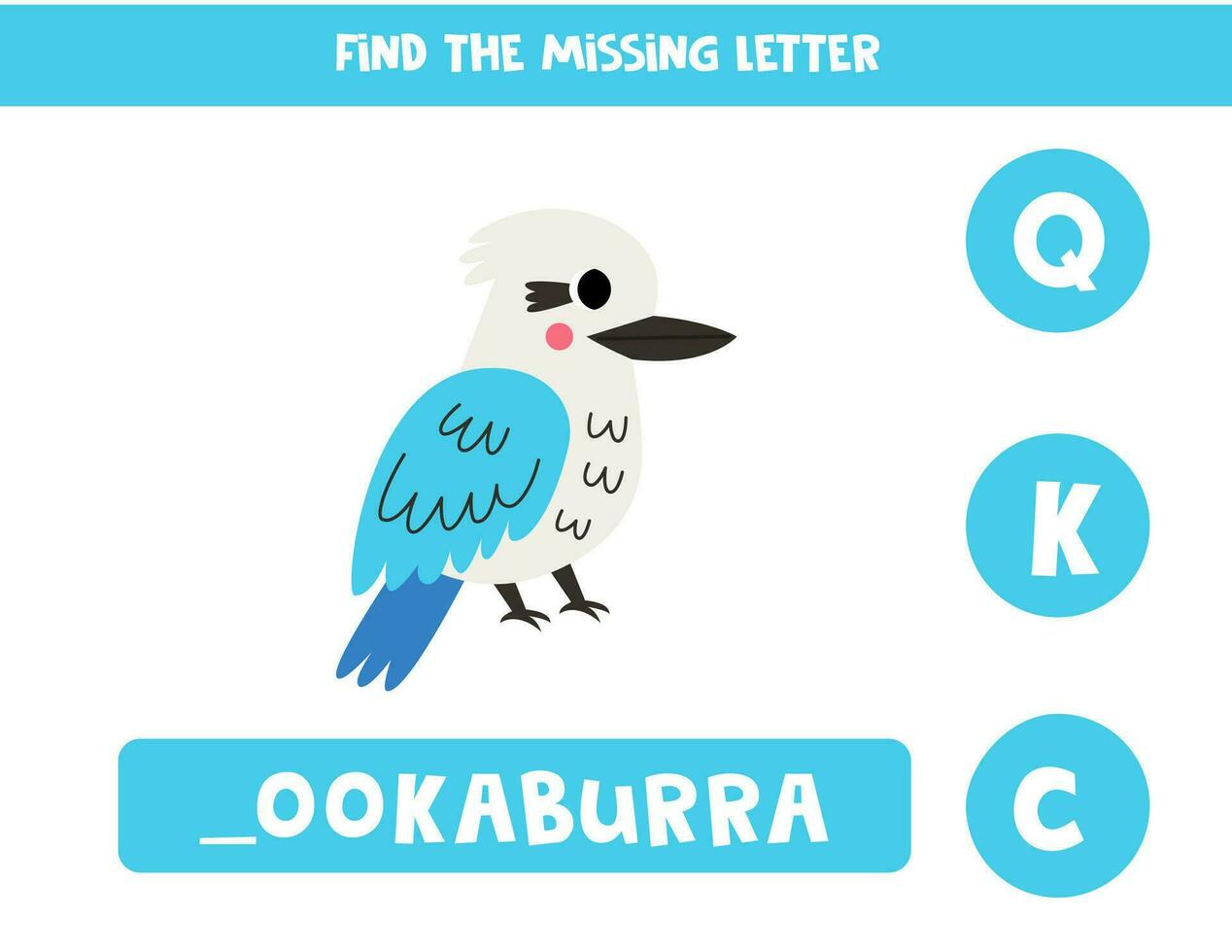 vind missend brief met tekenfilm kookaburra. spelling werkblad. vector