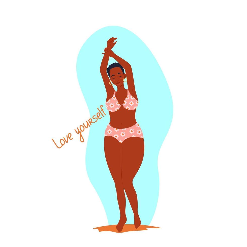 Afro-Amerikaanse vrouw met gesloten ogen in een badpak met opgeheven armen, lichaam positief, vectorillustratie in vlakke stijl. tekenfilm vector