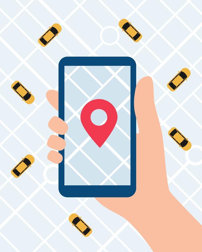 online taxiservice-app. hand met smartphone en taxi-applicatie op de achtergrond van de stadskaart. vectorillustratie in vlakke stijl vector