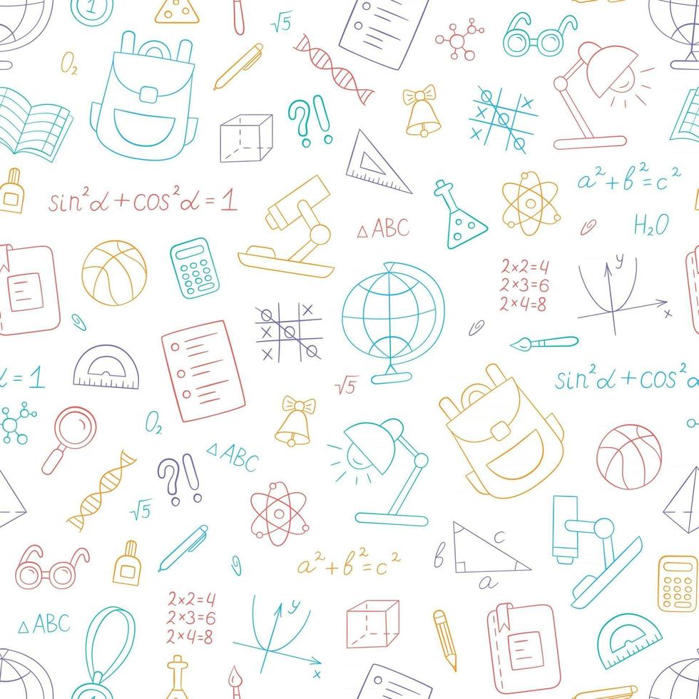 school kleurrijke naadloze patroon in doodle stijl op witte achtergrond. vector illustratie