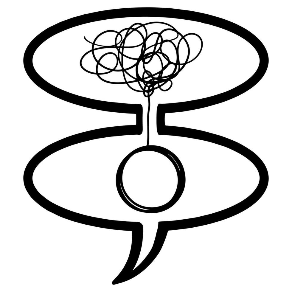 tekening schetsen stijl van hand- getrokken psychotherapie concept illustratie met verstrikt en ontward Aan toespraak bubbel. vector